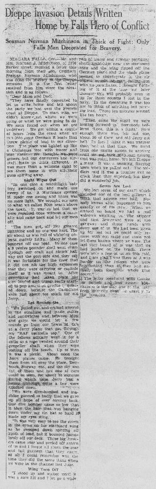 Norman Mitchinson Dieppe letter, newspaper clipping